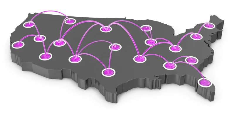 A map of USA showing different locations with purple dots
